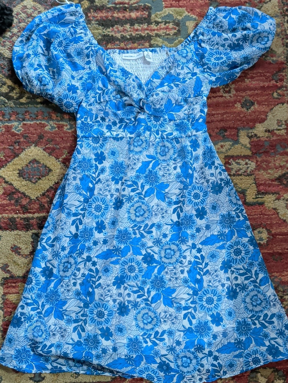 Sincerely Jules Blue Floral Puff-Sleeve Mini Dress - Picture 1 of 5